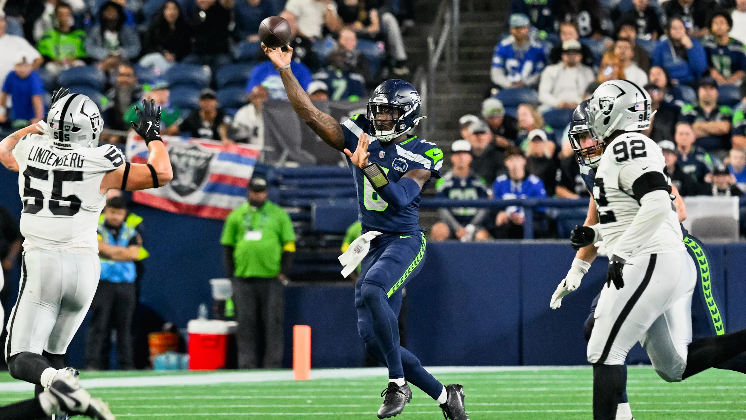 Seattle Seahawks quarterback Jalen Milroe throws a pass in his first NFL preseason game against the Las Vegas Raiders.