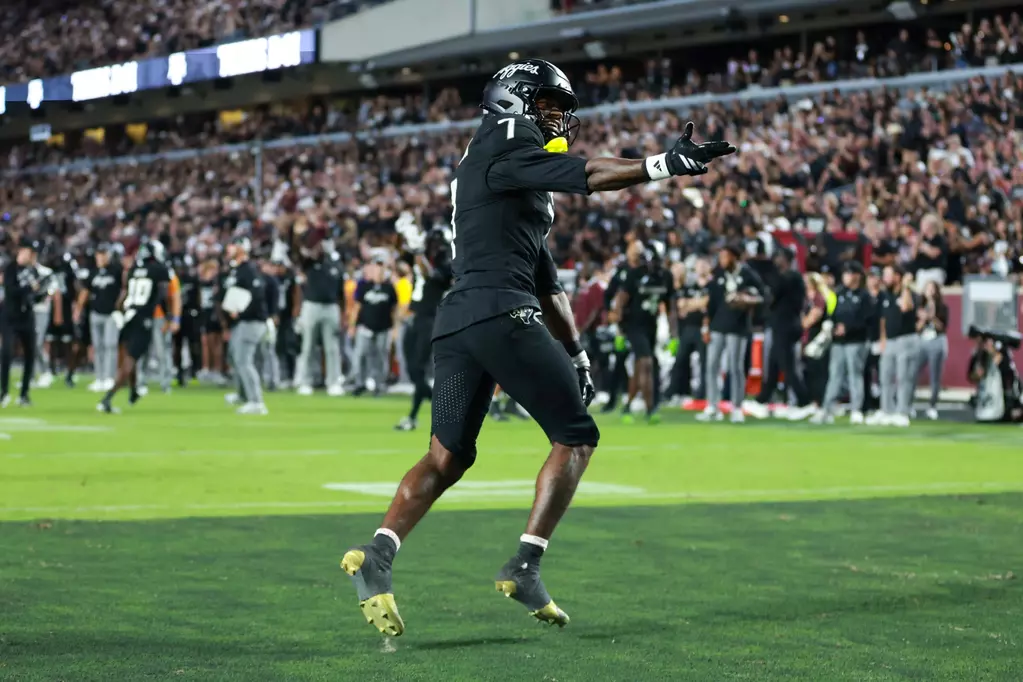 Texas A&M wide receiver KC Concepcion celebrates in a win during the 2025 college football season.