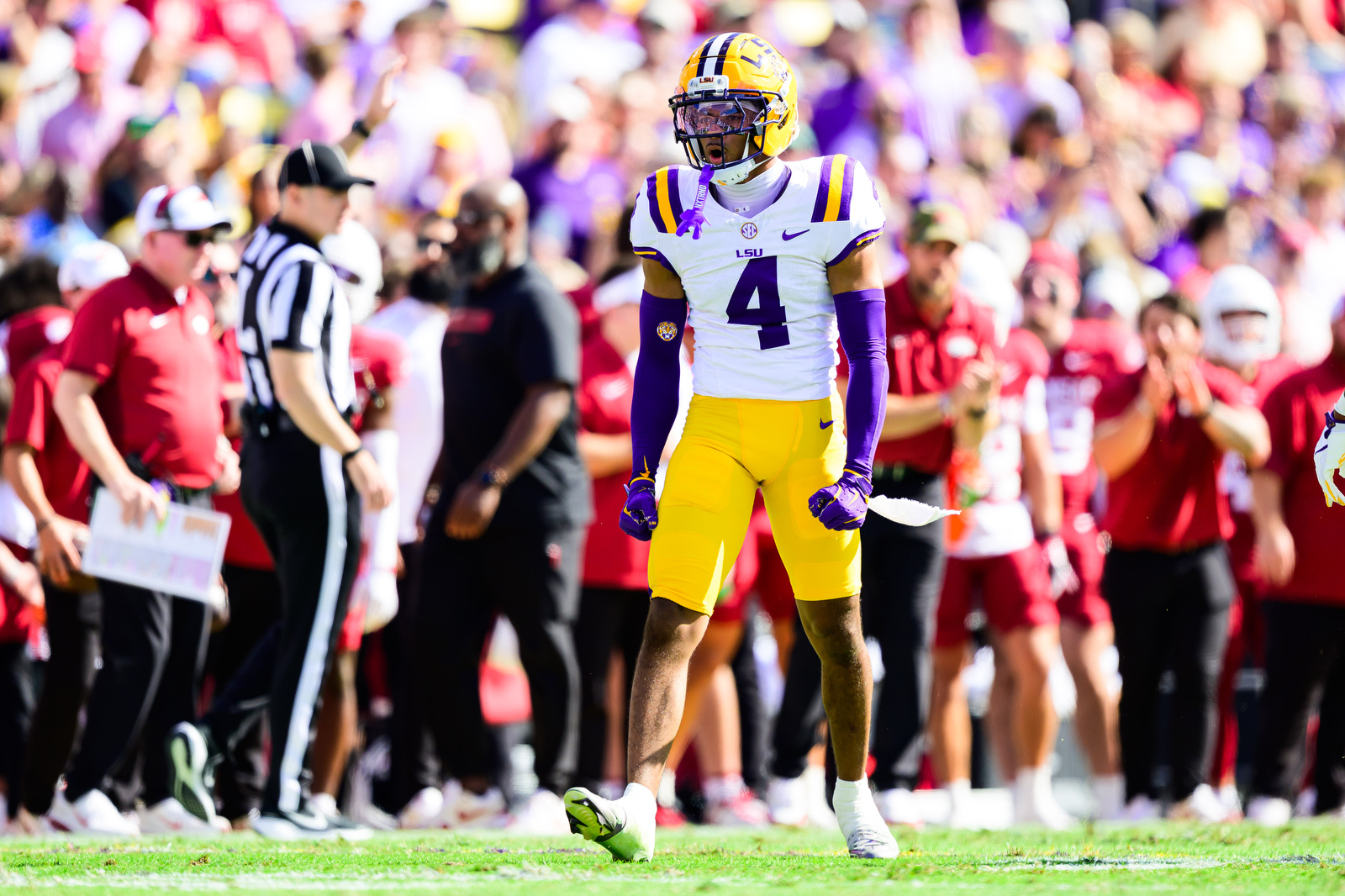 LSU cornerback Mansoor Delane celebrates in a game against Arkansas during the 2025 college football season.