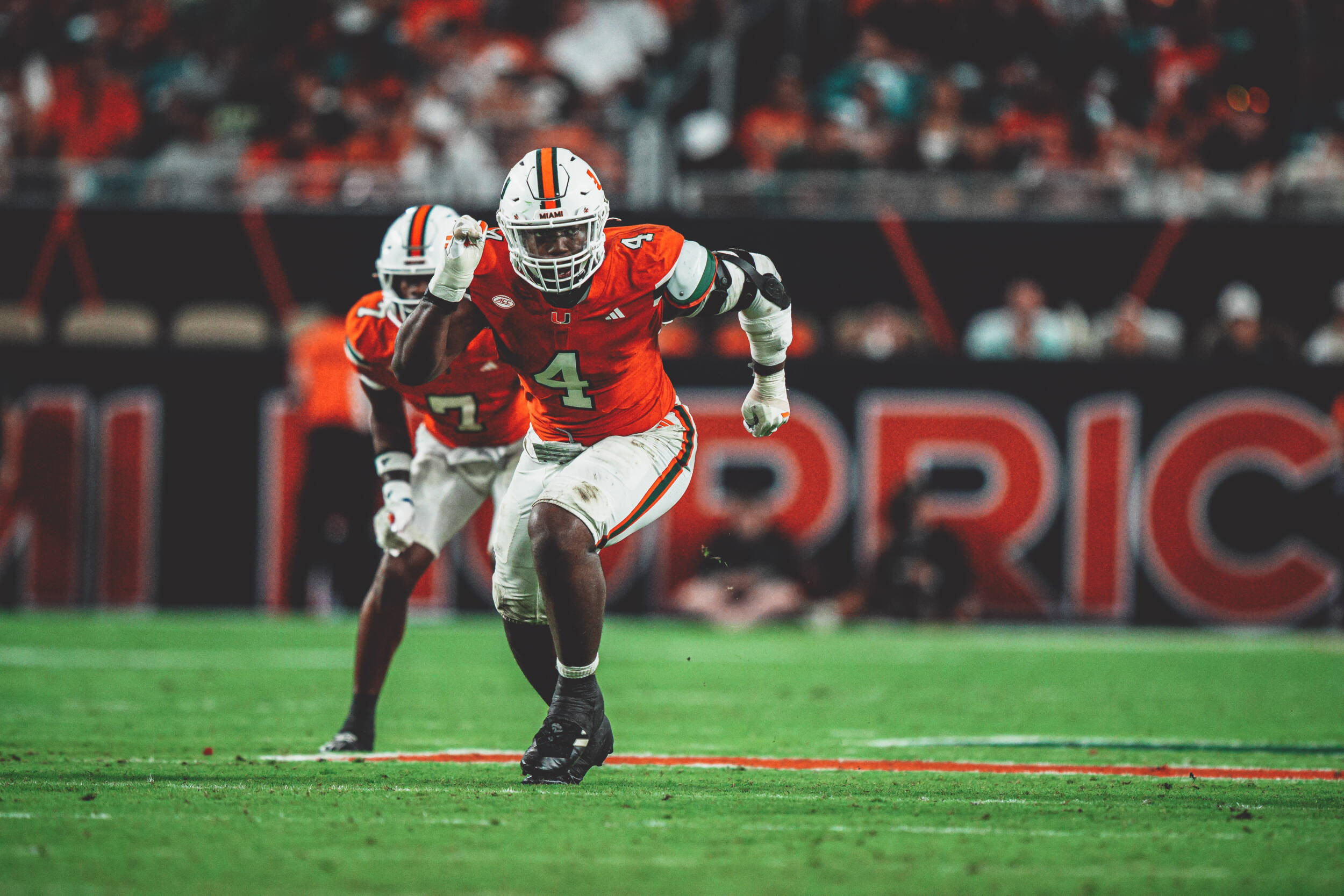 Miami edge defender Rueben Bain Jr. comes off the edge during the 2025 college football season.