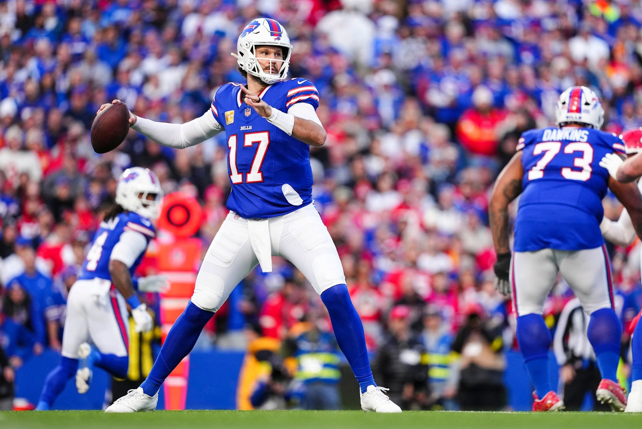 Bills quarterback Josh Allen throws the ball versus the Chiefs in a Week 9 game during the 2025 NFL season.