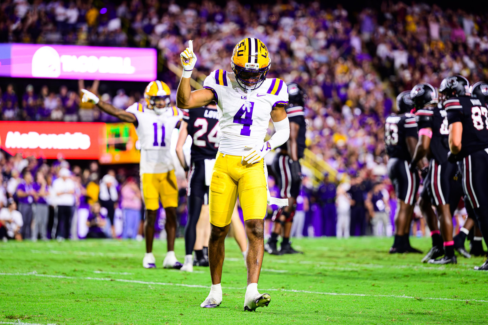 LSU cornerback Mansoor Delane celebrates in a game versus South Carolina during the 2025 college football season.