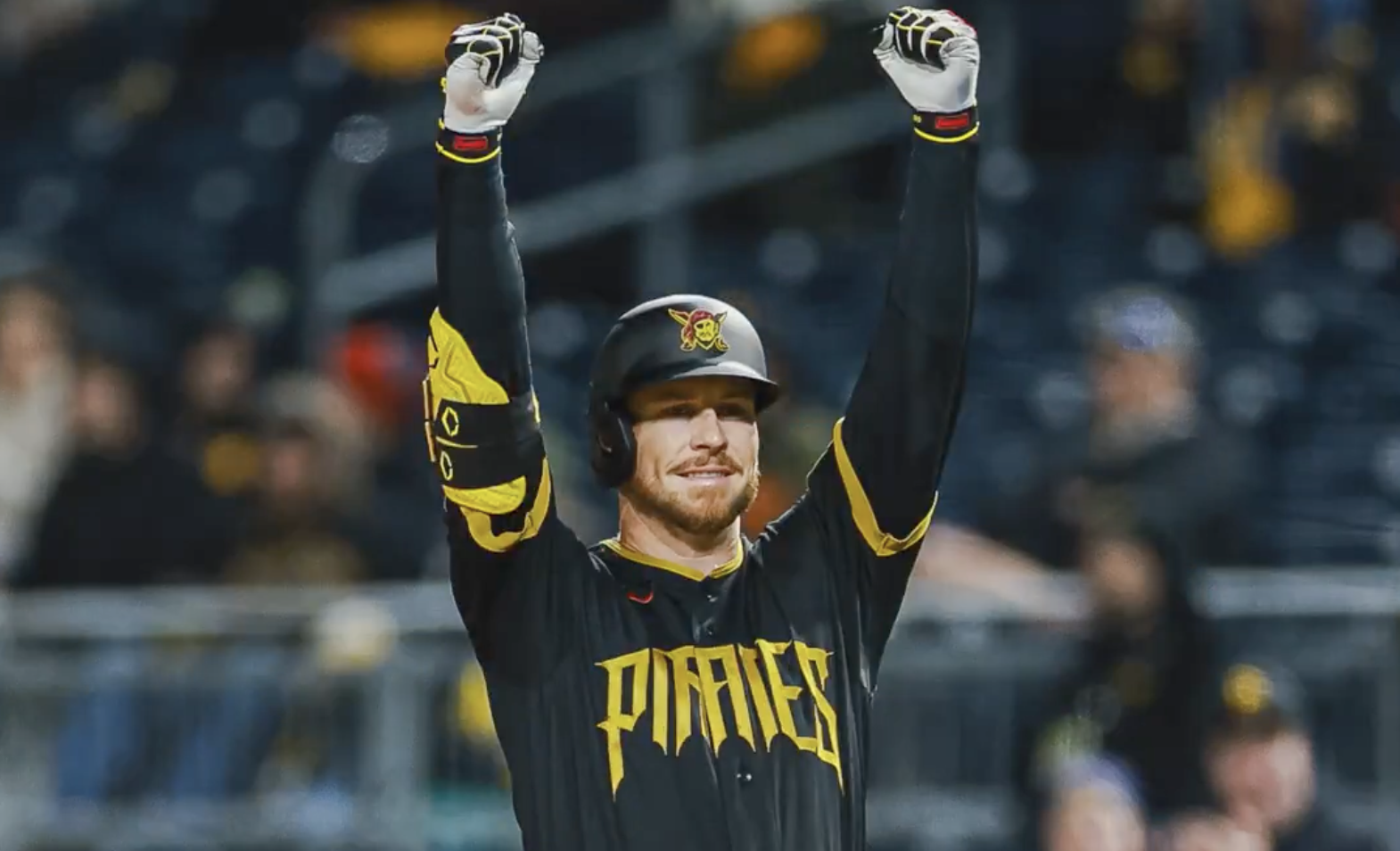 Pirates hitter Ryan O'Hearn celebrates during the 2026 MLB season.
