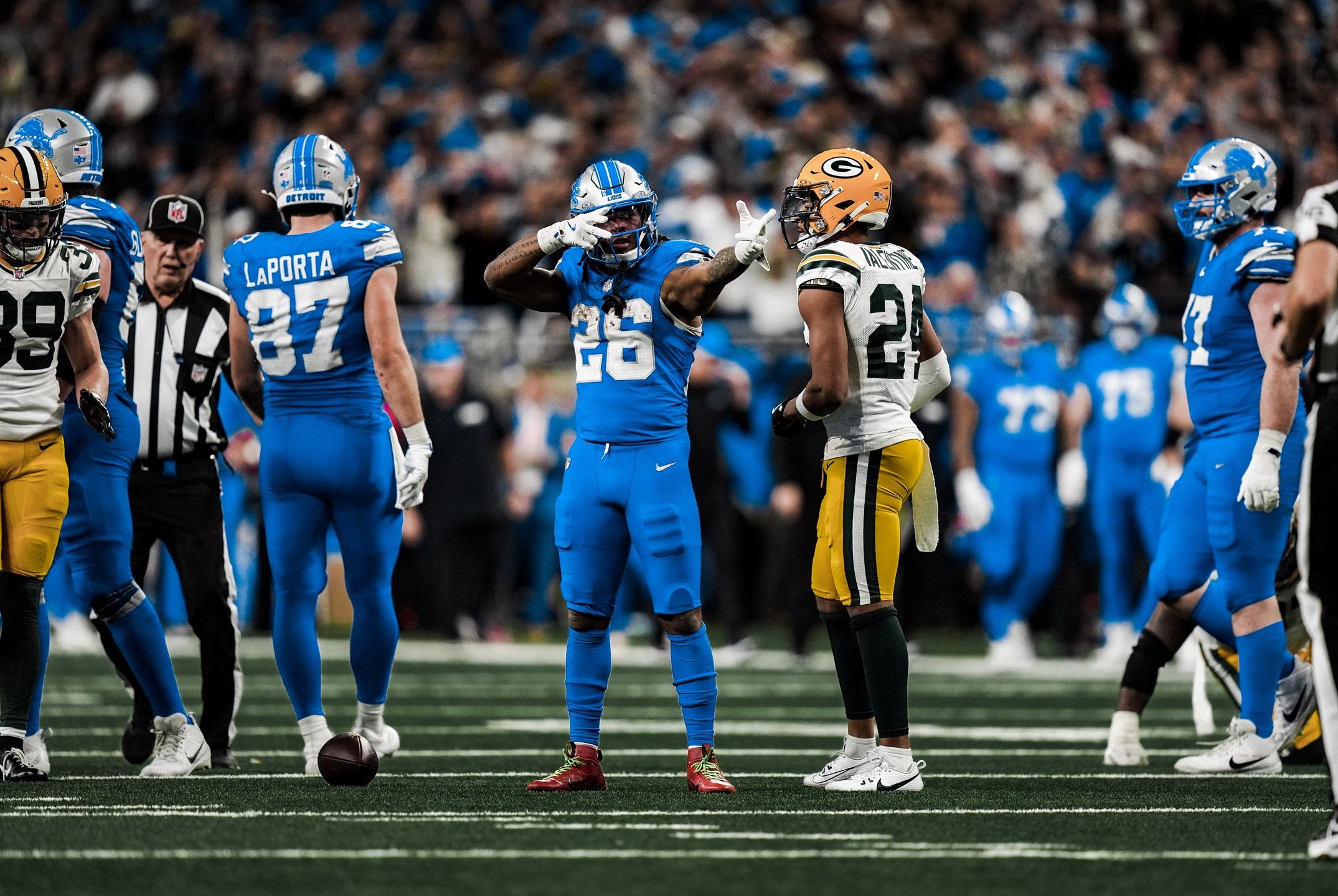 Lions running back Jahmyr Gibbs celebrates during a Week 14 game against the Packers in the 2025 NFL season.