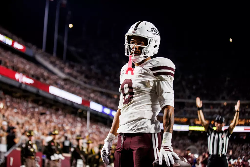 Mississippi State wide receiver Brenen Thompson after scoring a touchdown during the 2025 college football season.