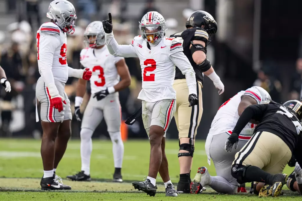 Ohio State safety Caleb Downs after making a play versus Purdue in the 2025 college football season.