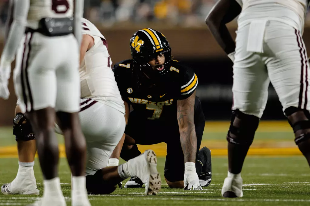 Missouri defensive lineman Chris McClellan lines up during the 2025 college football season.