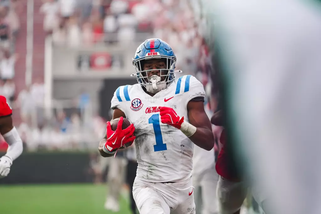 Ole Miss wide receiver De'Zhaun Stribling runs down the sideline on a touchdown versus Georgia during the 2025 college football season.