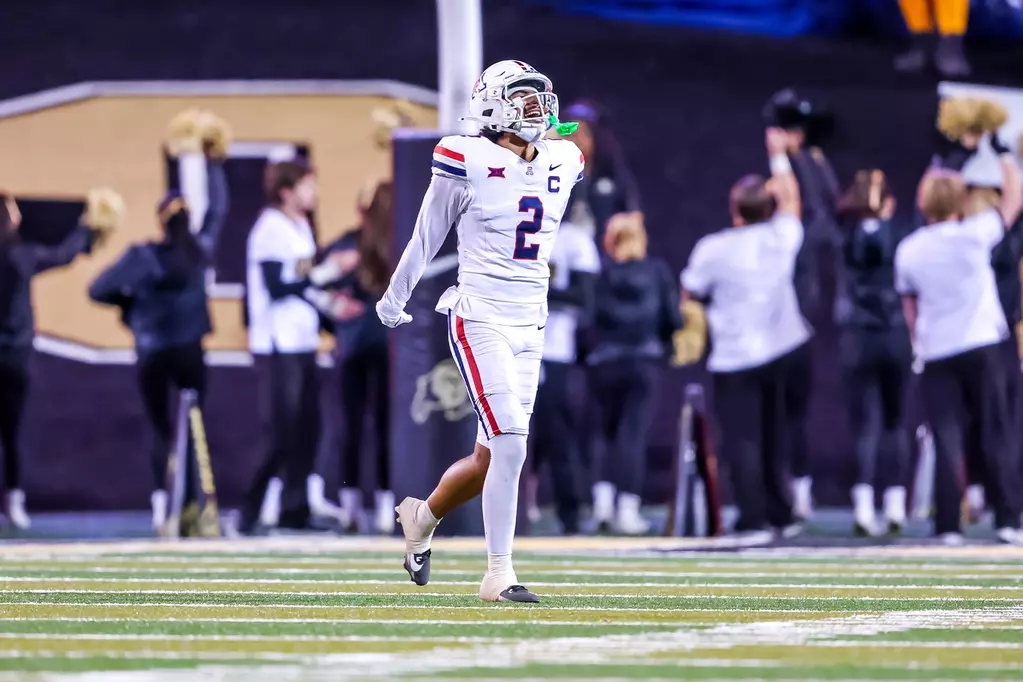 Arizona defensive back Treydan Stukes celebrates during the 2025 college football season.