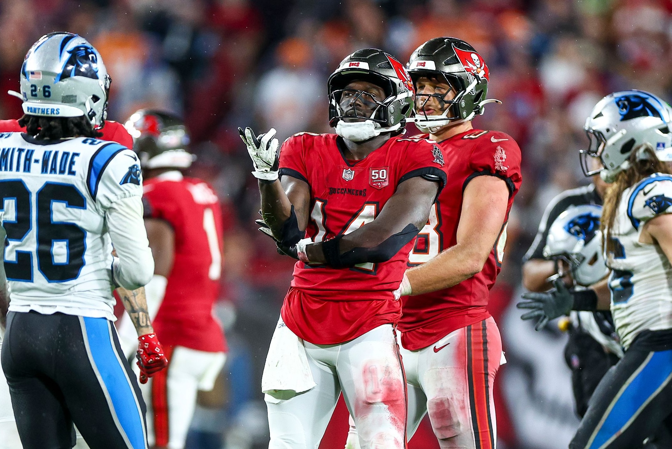 Buccaneers wide receiver Chris Godwin Jr. celebrates during a Week 18 game versus the Panthers in the 2025 NFL season.