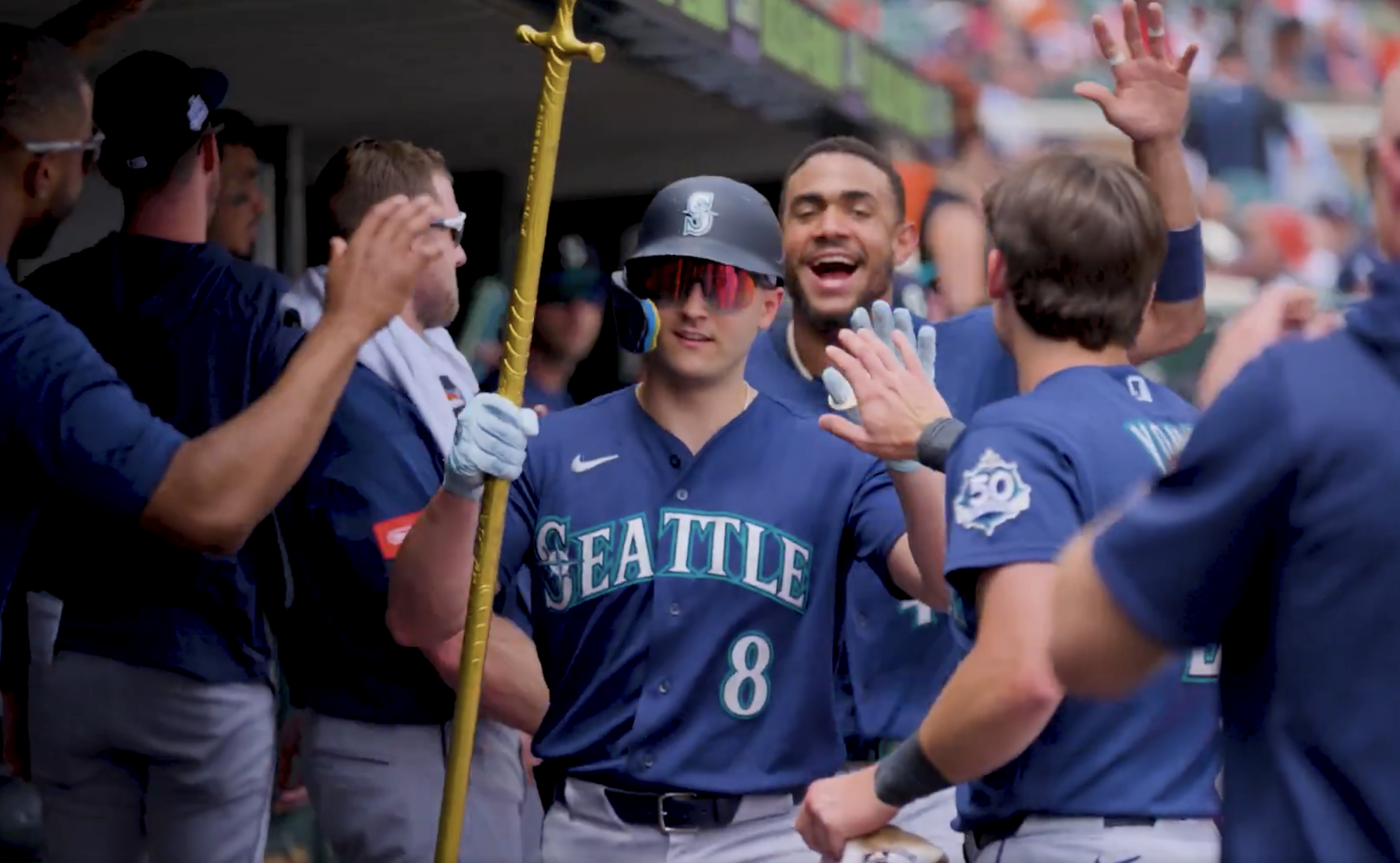 Seattle Mariners hitter Dominic Canzone celebrates during the 2026 MLB season.