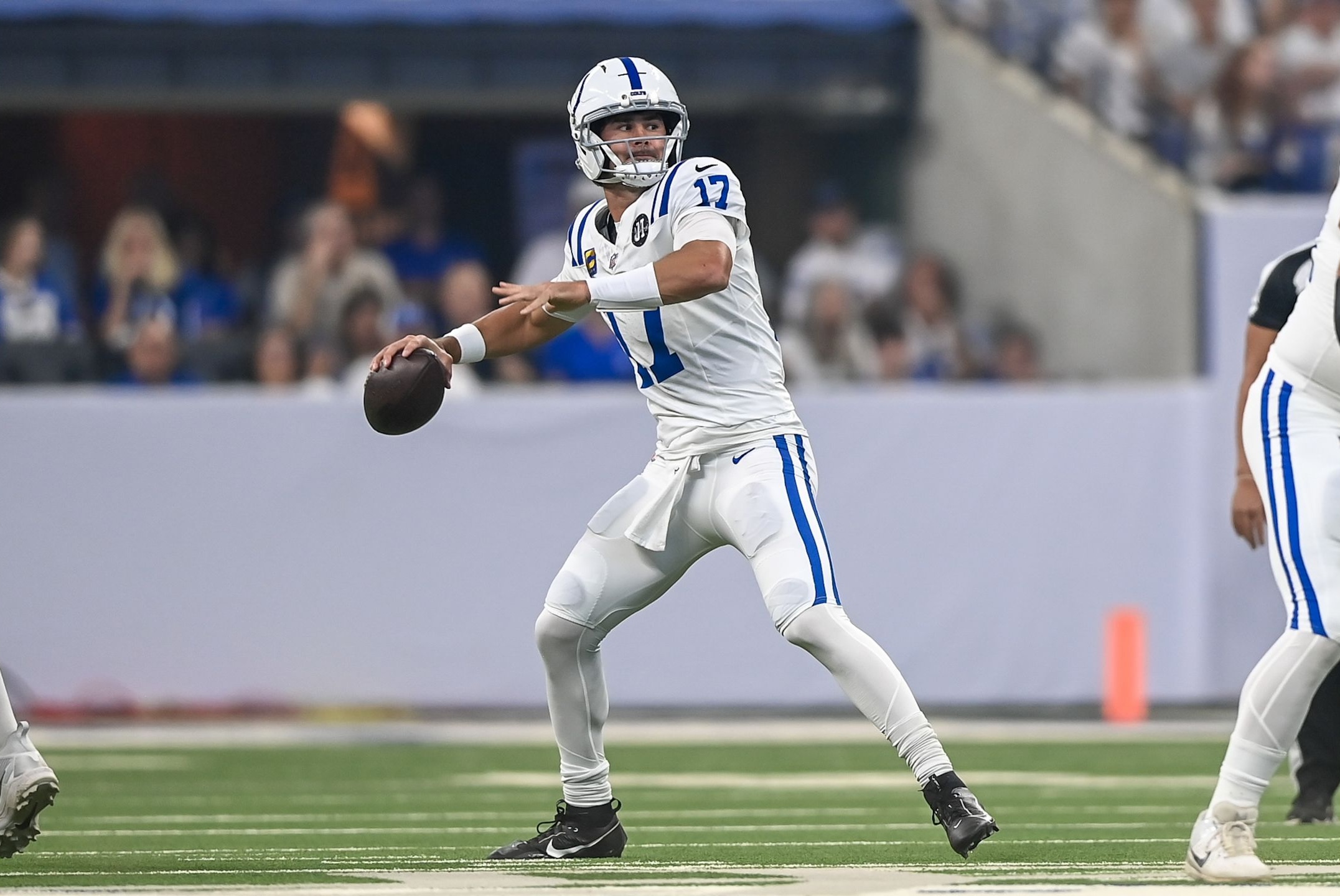 Colts quarterback Daniel Jones delivers a pass during a win over the Broncos in Week 2 of the 2025 NFL season.