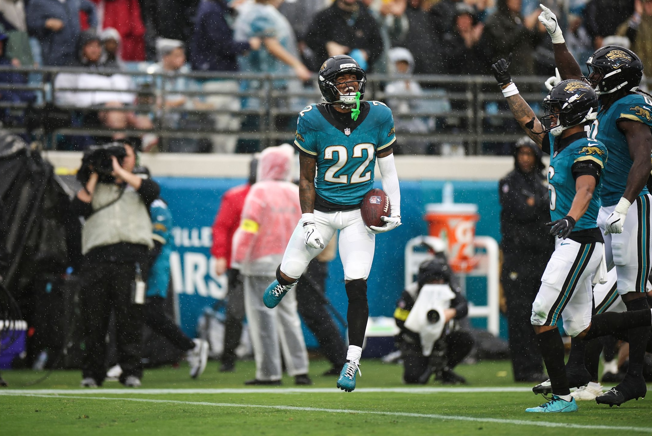 Jaguars cornerback Jarrian Jones celebrates during the 2025 NFL season.